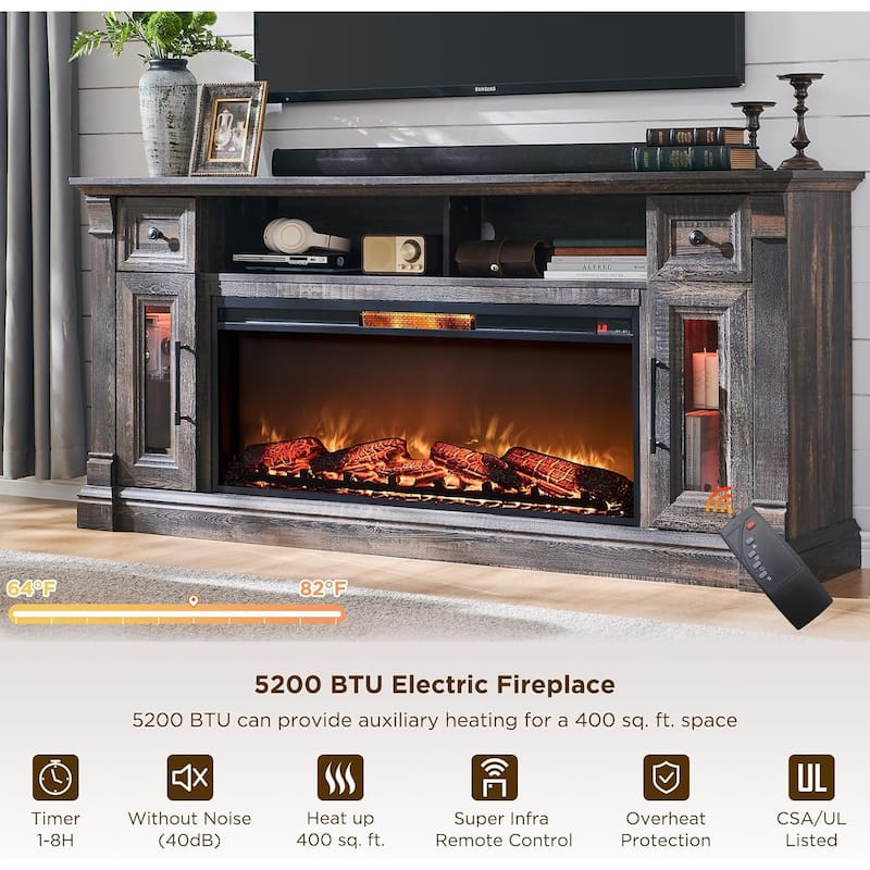 Farmhouse Fireplace TV Stand for 80 Inch TV, Entertainment Center