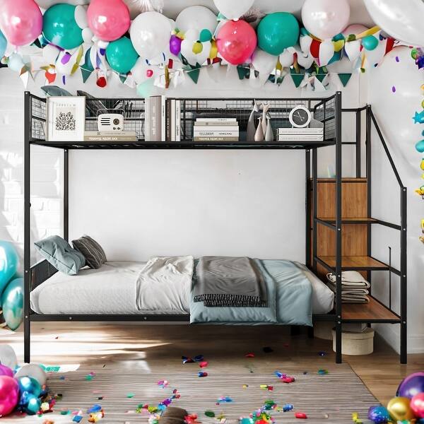 slide 2 of 24, Versatile Design Twin Over Full Metal Bunk Bed with Wire Shelving and Lateral Storage Ladder and Wardrobe Black