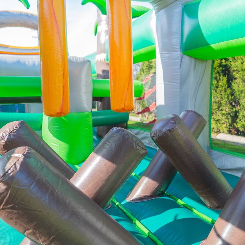 HeroKiddo T-Rex Adventure 42' Inflatable Obstacle Course with Water Slide - Commercial Grade, Wet & Dry Play (Blowers Included)