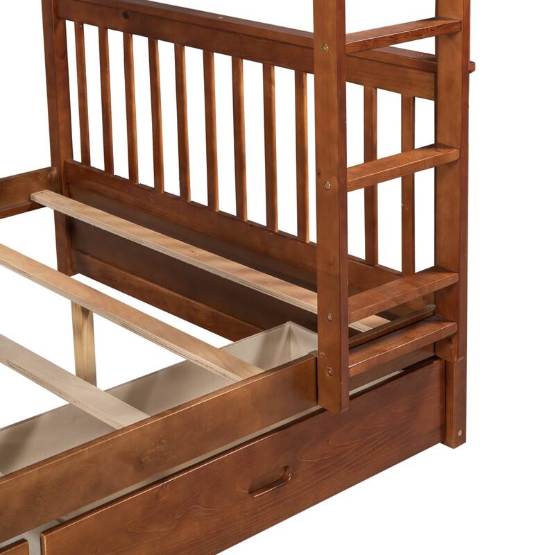 Full Size Platform Beds Set of 2 Convertible Full Over Full Bunk Bed with Ladder, Guardrail and 2 Drawers, Wooden Kids Bed Frame