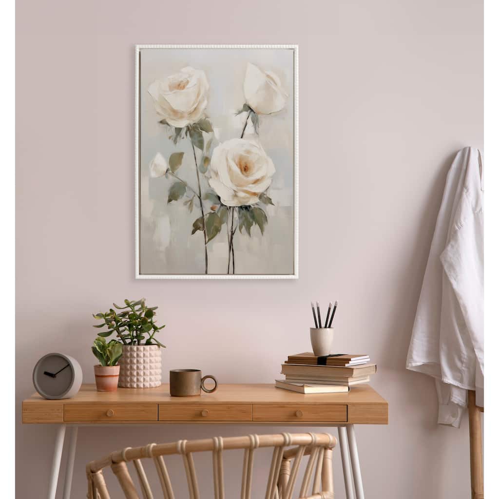 Kate and Laurel Sylvie Beaded Soft White Roses Framed Canvas
