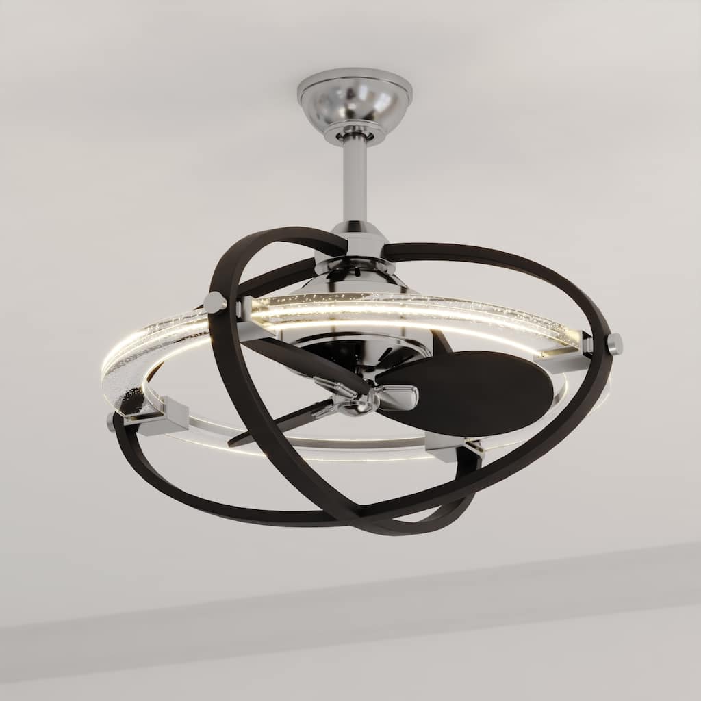 Galileo 22 in. Satin Nickel and Black Fandelier Ceiling Fan, Black Blades, LED Light Kit, Remote, Clear Bubble Ring Shade