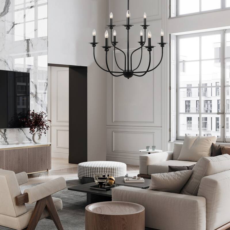 Modern Farmhouse 9-Light Black Chandelier Classic Tierd Lights for Dining Room