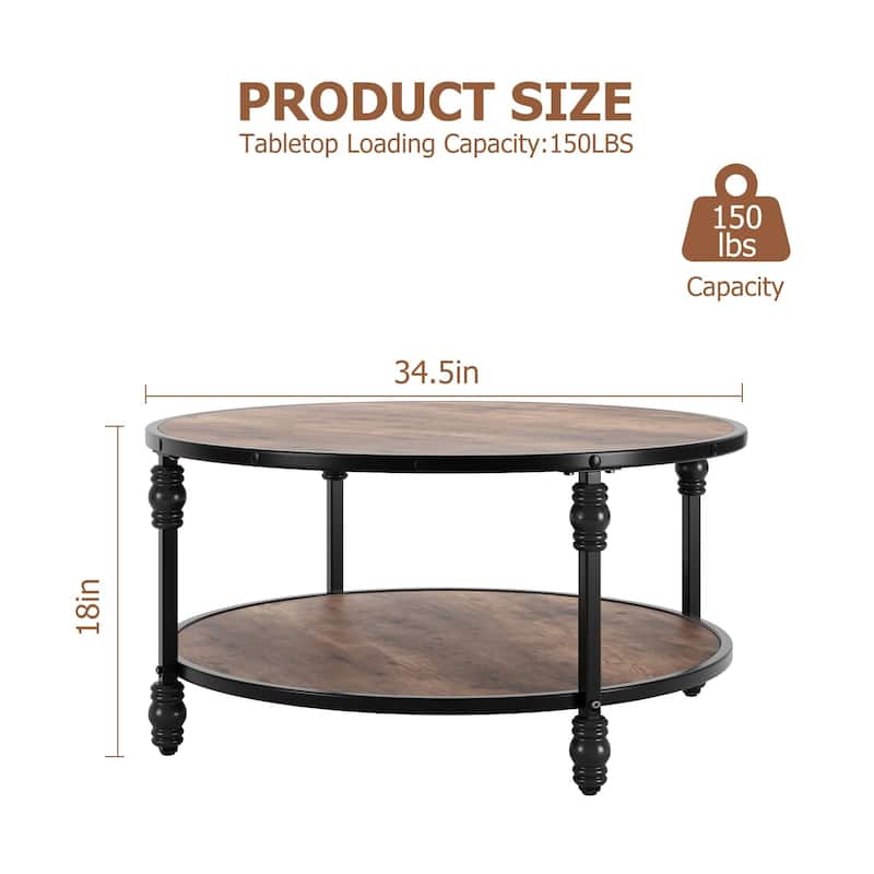 Round Coffee Table for Living Room Rustic Center Table with Storage