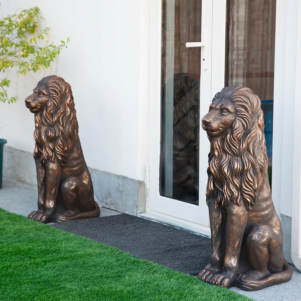slide 2 of 65, Glitzhome Set of 2 MGO Majestic Sitting Guardian Lion Statues Porch Sculpture Outdoor Indoor 36.25"H Bronze