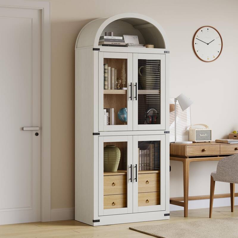71" Tall Bookshelf, 4 Tier Book Shelf with 2 Storage Drawers, with Doors