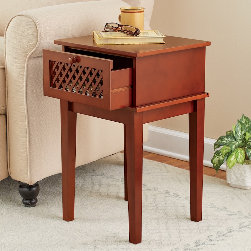 Elegant Wooden Lattice Side Table with Drawer - 14.12 x 22.63 x 12.63