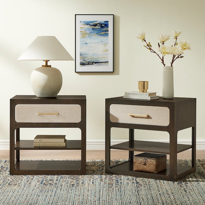 18" Modern Nightstand with Textured Fabric Drawer and 2-Tier Open Shelves - Black - 2-drawer