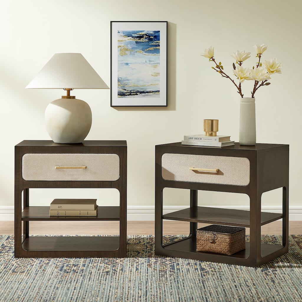 18" Modern Nightstand with Textured Fabric Drawer and 2-Tier Open Shelves