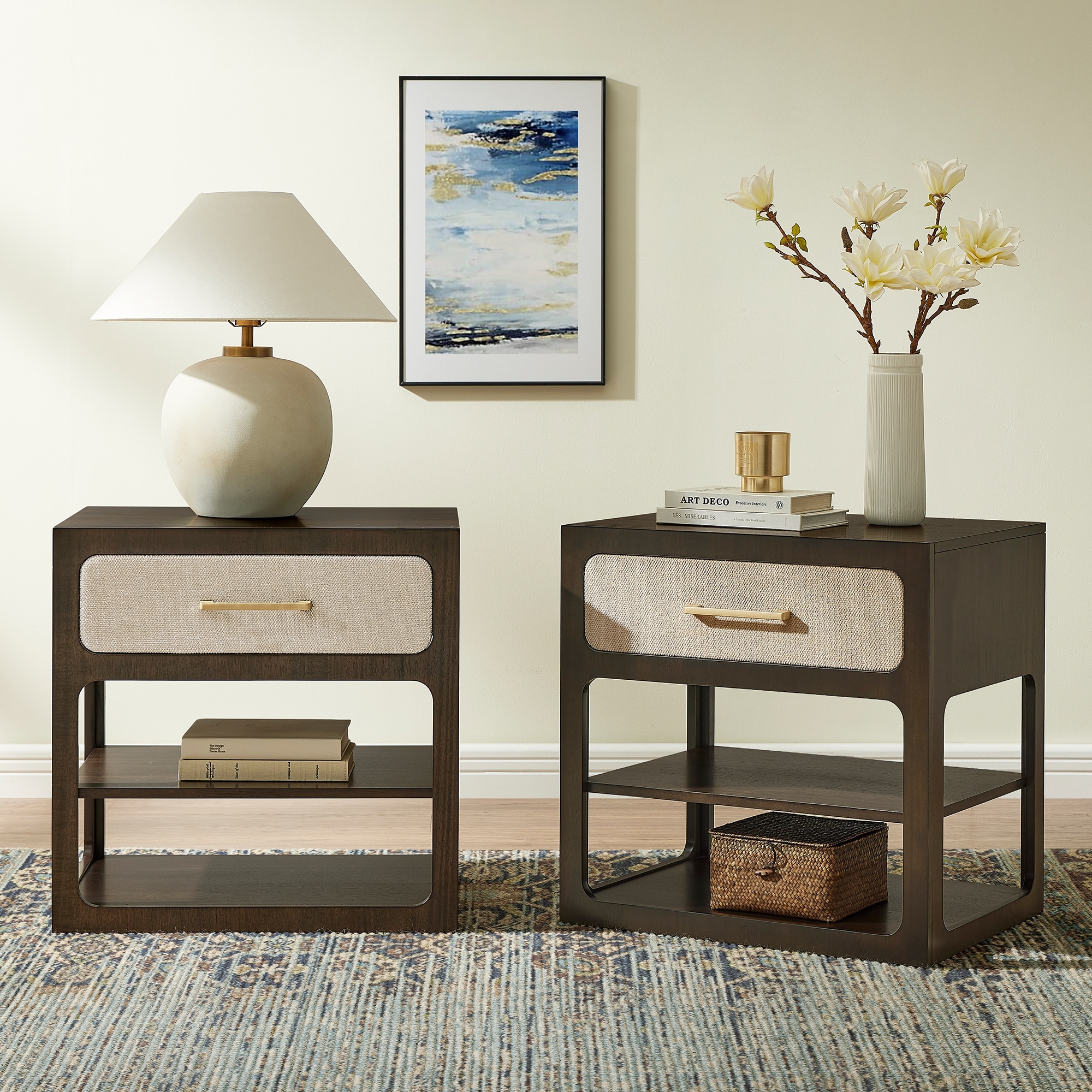 18" Modern Nightstand with Textured Fabric Drawer and 2-Tier Open Shelves