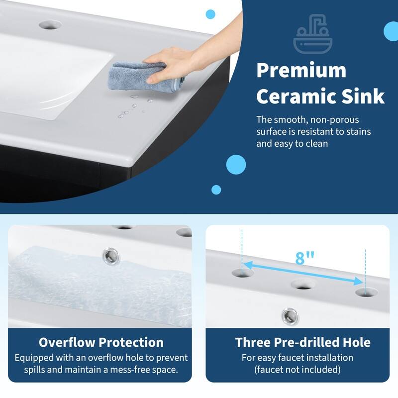 30''/36'' Bathroom Vanity with Sink, 3 Drawers Bathroom Storage Cabinet with Soft-Close Glass Door and Adjustable Shelf