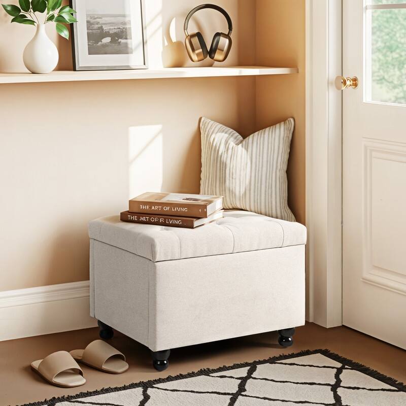 24" Faux Linen Rectangle Storage Ottoman, Shoe Stool for Entryway - Beige