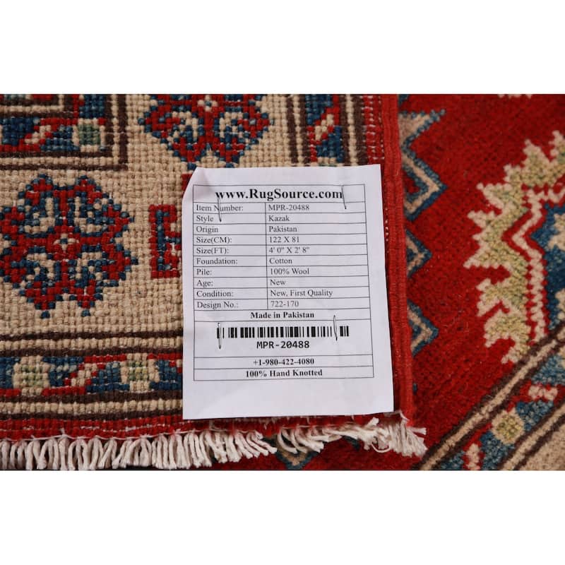 Red Kazak Foyer Rug Hand-Knotted Traditional Bedroom Wool Carpet - 2'8"x 4'0"