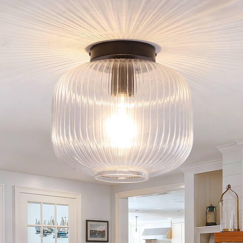1-Light Mid-Century Modern Ribbed Glass Flush Mount Light - Matte Black