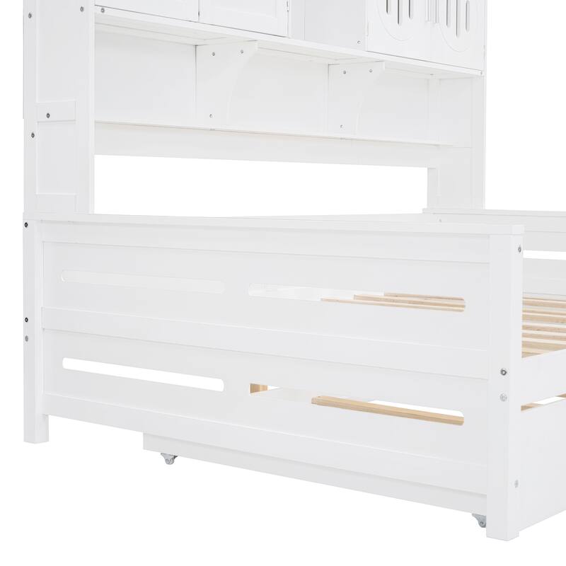 Full Size Wood Daybed with Built-in Storage Cabinet, Open Shelves & Twin Trundle Bed, Space-Saving Multi-Functional Frame