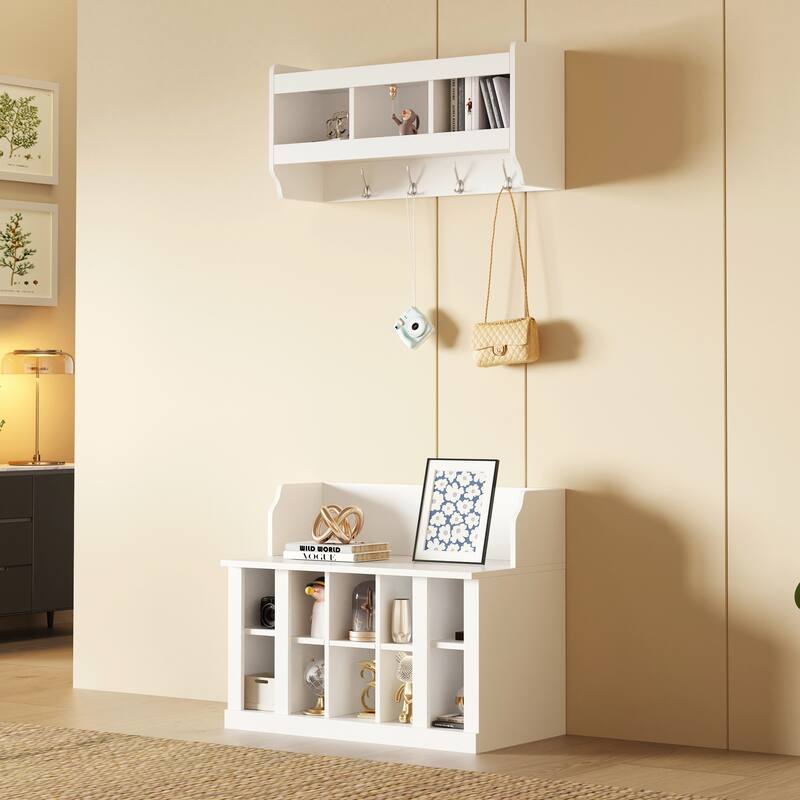 Shoe Storage Rack for Front Door Entrance, Wood Bench Wall Mounted Coat Rack with Shelves, 4 Hooks Hall Tree Shoe Bench - White