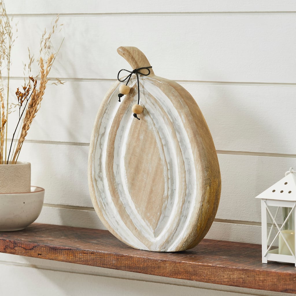 Carved Wooden Pumpkin Distressed White 12x8.75x1.5 - N/A