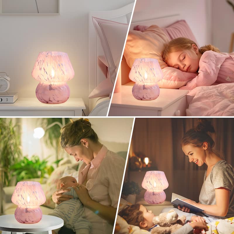Pink Ripple Glass Table Lamp Dot Mushroom Style with In-line Switch - 5.75'' x 5.75'' x 7.25'' (L x W x H)