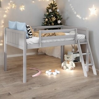 Twin Size Wood Low Loft Bed With Convertible Ladder for Home