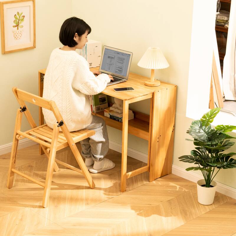Bamboo Folding Desk, Space-Saving Computer Desk for Small Spaces, Foldable Study Table for Bedroom, Home Office