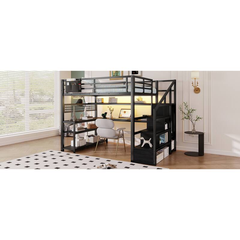 Roomfitters Full Metal Loft Bed, L-Shaped Desk and LED Staircase Wardrobe with Charging Station for Girls Bedroom