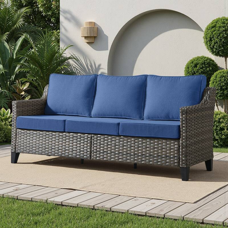 Meyreso Gray Wicker 3-Seat Patio Sofa with 4-Inch Thick Cushions - Navy Blue
