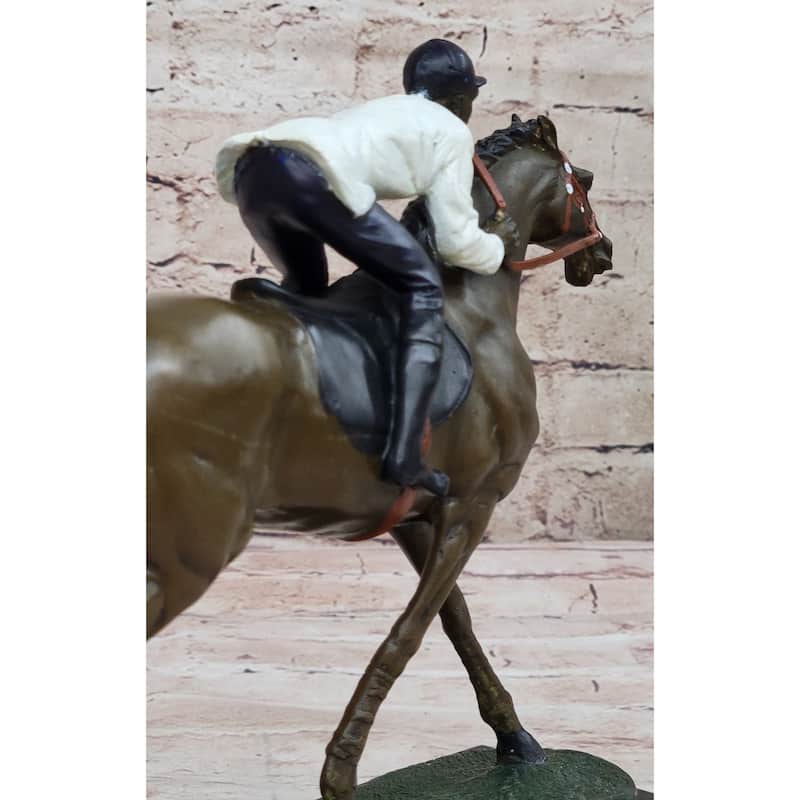 Jockey Riding Horse Bronze Statue Figure Figurin Hot Cast Marble Base Sculpture