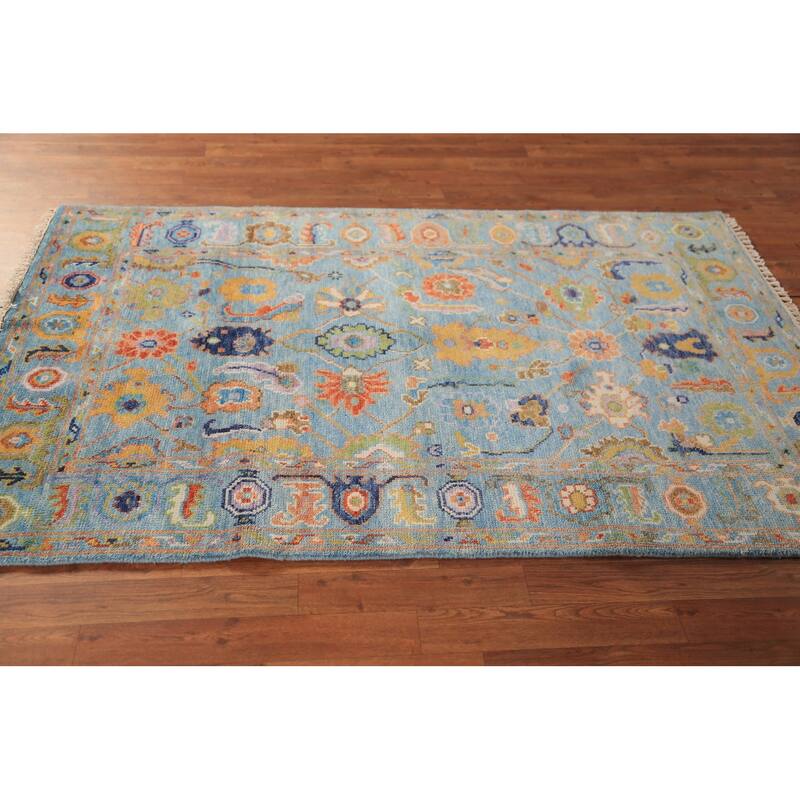 Blue Floral Oushak Oriental Rug Hand-Knotted Wool Carpet - 3'11"x 6'1"