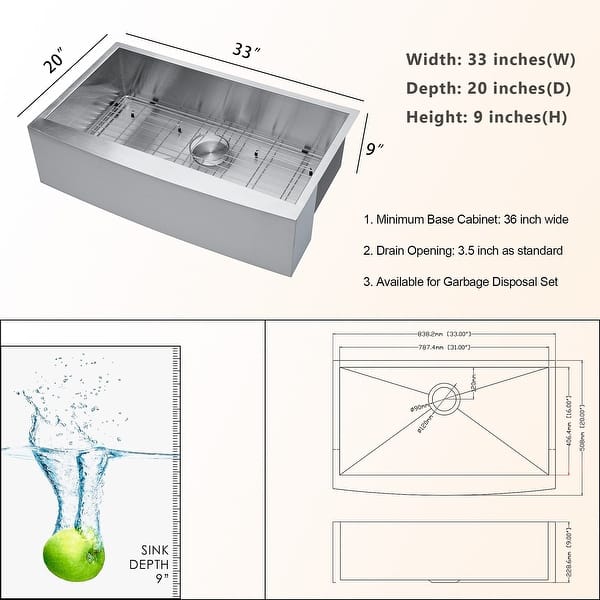 Lordear 33 Inch Farmhouse Sink Apron Front Deep Single Bowl 18 Gauge Stainless Steel Kitchen