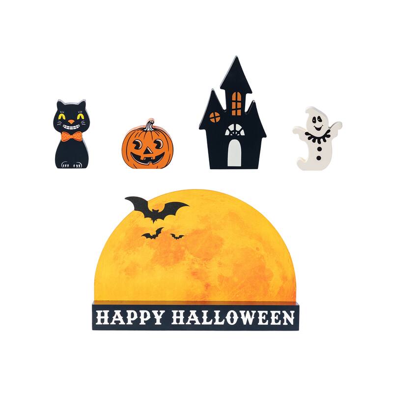 Glitzhome Set of 5 Wooden HAPPY HALLOWEEN Decorative Moon Table Signs with Black Cat, Jack O Lantern, Ghost and Haunted House