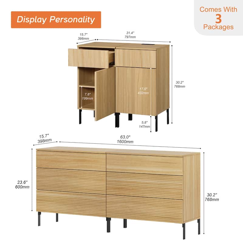 4 Pcs Bedroom Set，Reeded 6 Drawer Dresser and Nightstand Sets for Bedroom, Night Stand Set of 2