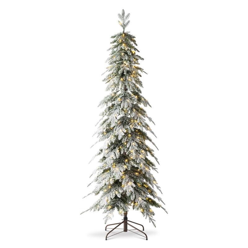 Glitzhome Pre-Lit Flocked Pencil Spruce Artificial Christmas Tree with Warm White Lights