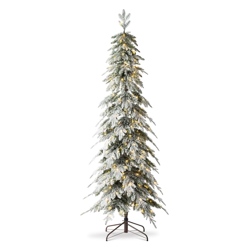 Glitzhome Snow-Flocked Chicago Frostwood Spruce Pre-Lit Artificial Christmas Trees-7.5/9/11 Foot