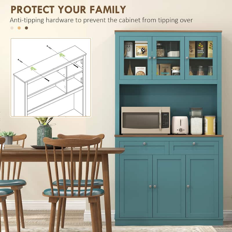 HOMCOM 71" Tall Kitchen Pantry Storage Cabinet with Microwave Stand, Adjustable Shelves and Glass Doors for Kitchen, White