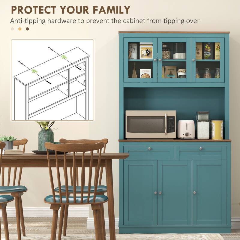 Tall Adjustable Shelves Kitchen Pantry Cabinet with Glass Doors and 8 Compartments 2 Drawers - 39.4" W x 15.7" D x 70.9" H