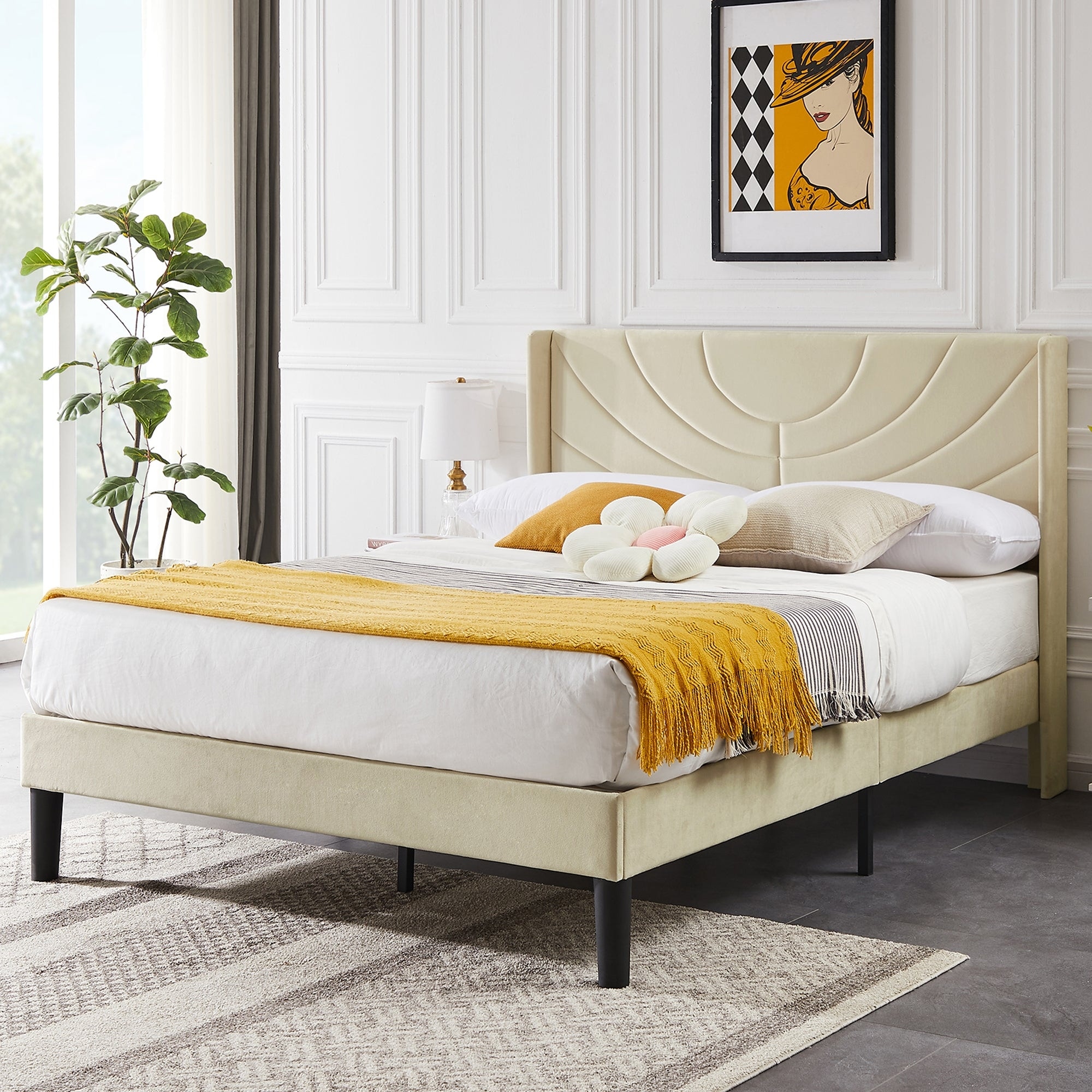 VECELO Upholstered Height- Platform Bed Frame with Wingback Headboard, Twin/Full/Queen Size Be