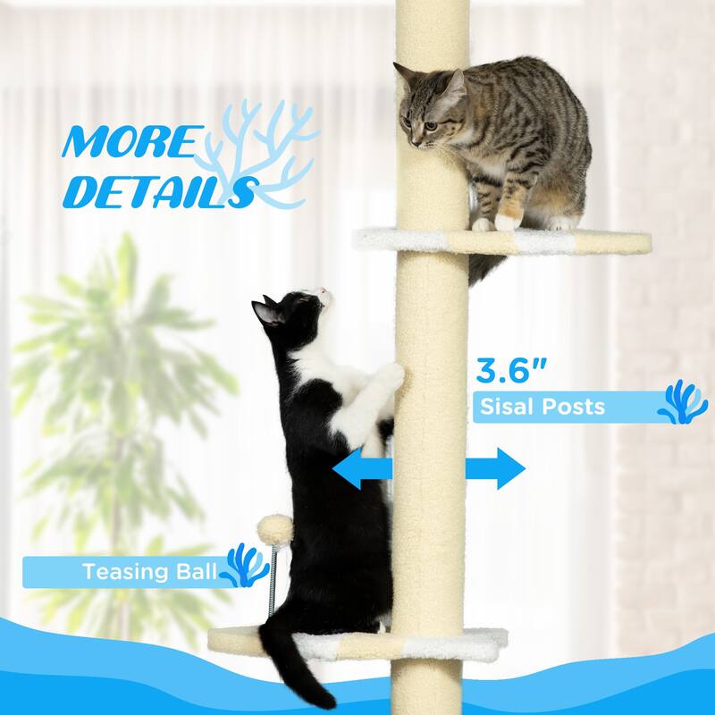 PawHut 87"-103" Floor to Ceiling Cat Tree, 4 Tier Tall Height Adjustable Cat Tower with Plush Platforms, Sisal Scratching Posts