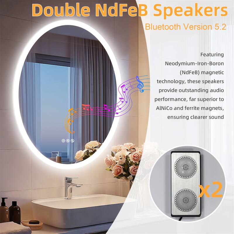 Bluetooth Lighted Bathroom Mirror Oval LED with Double NdFeB Speakers Wall Vanity Mirror - 23.62x31.50