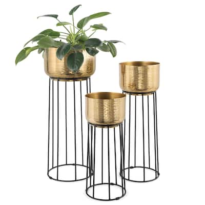 Thallo Gold Metal Floor Planters, Set of 3 - 11" x 11" x 30"