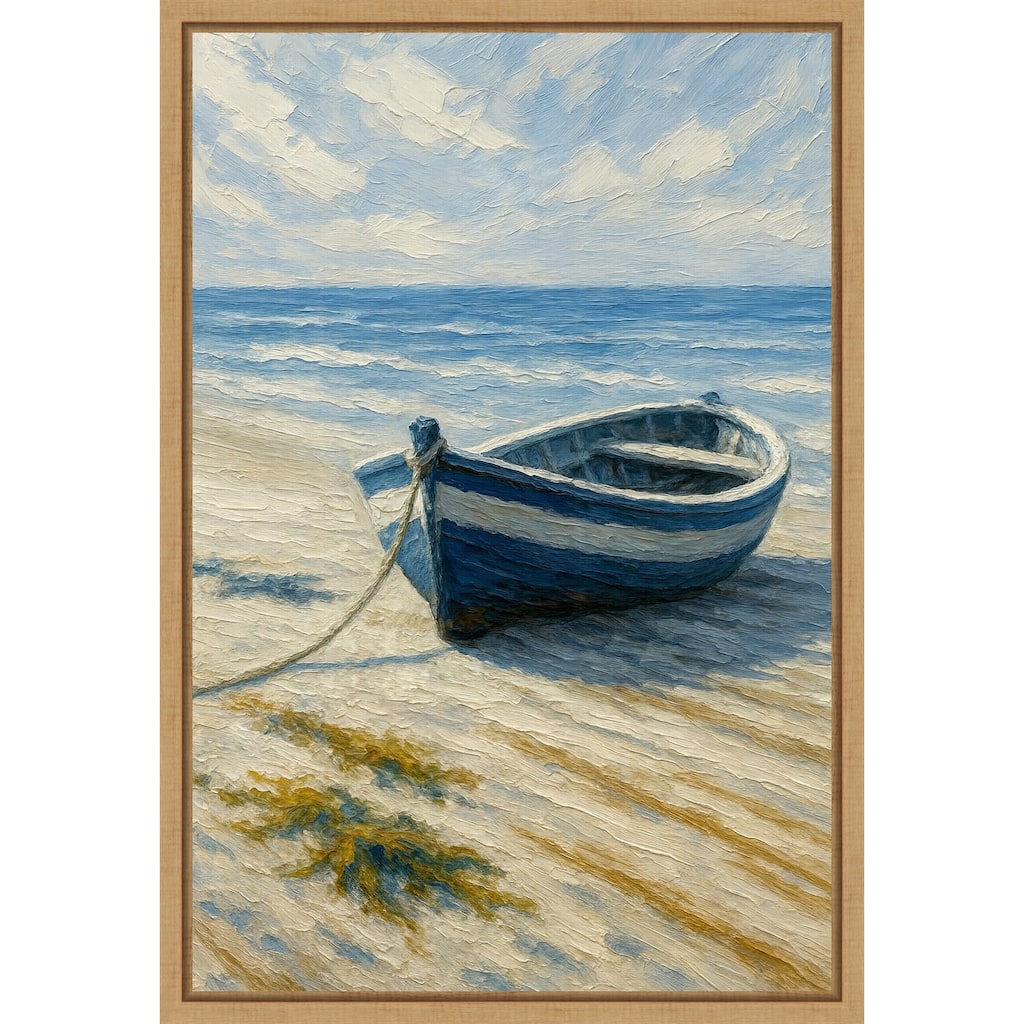 Blue Boat On the Summer Beach By the Sea by Natalie Bruns Framed Canvas Wall Art