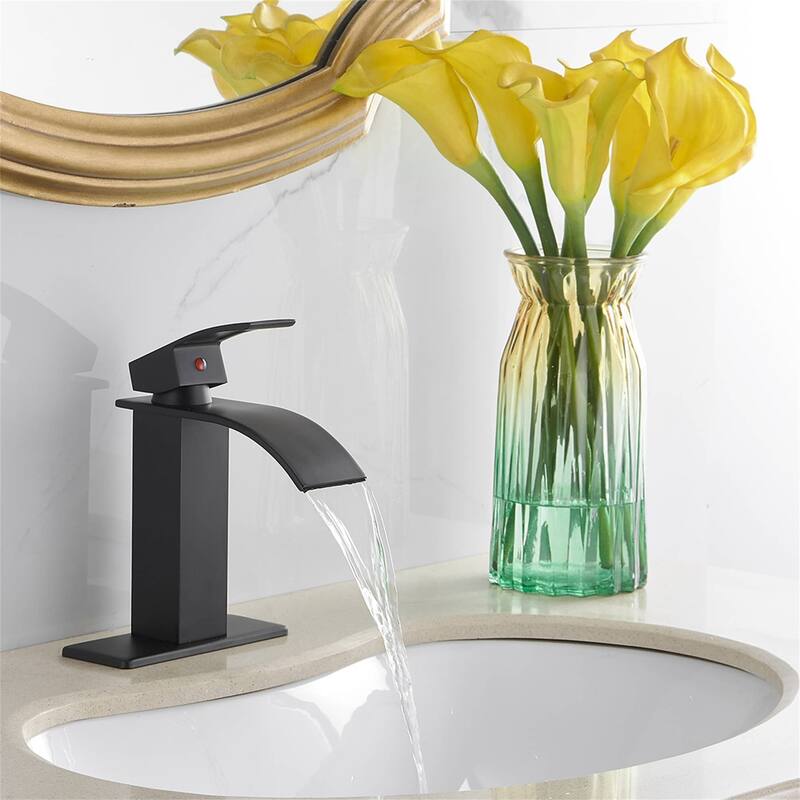 Waterfall Bathroom Faucet Single Handle Bathroom Sink Faucets One Hole Rv Lavatory Basin Modern Tap With Deck Plate Lead Free - Matte Black