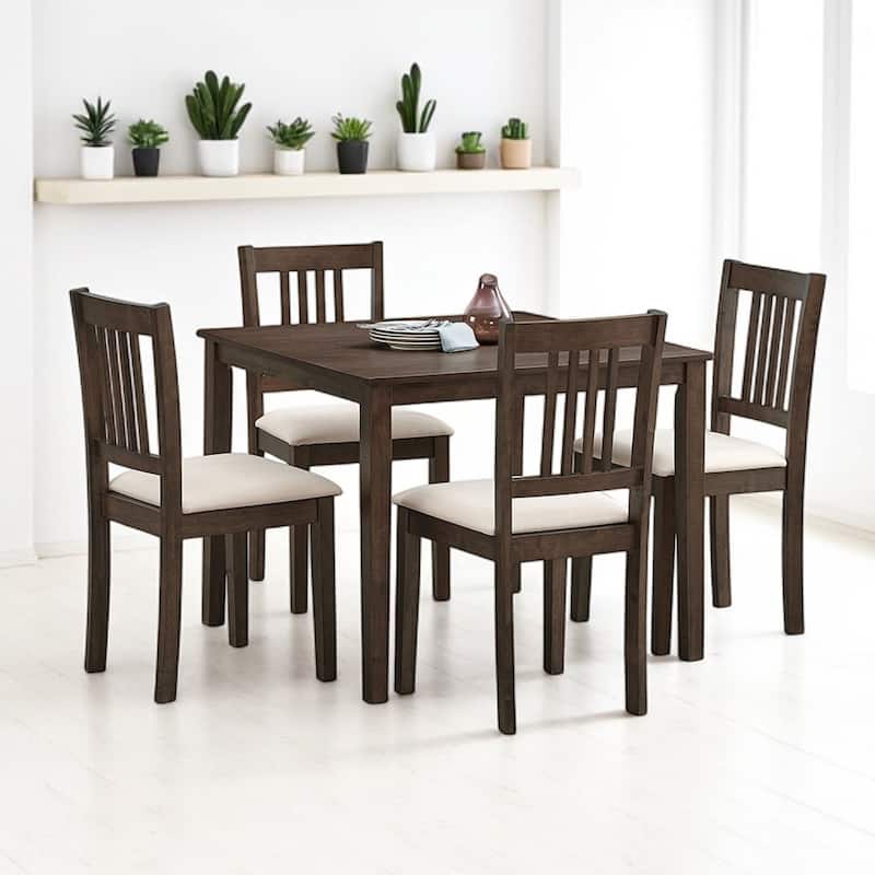 Wooden 5-Piece Dining Table Set for 4, Square Kitchen Table with Upholstered Chairs, Solid Wood & MDF, Space-Saving Design - Brown