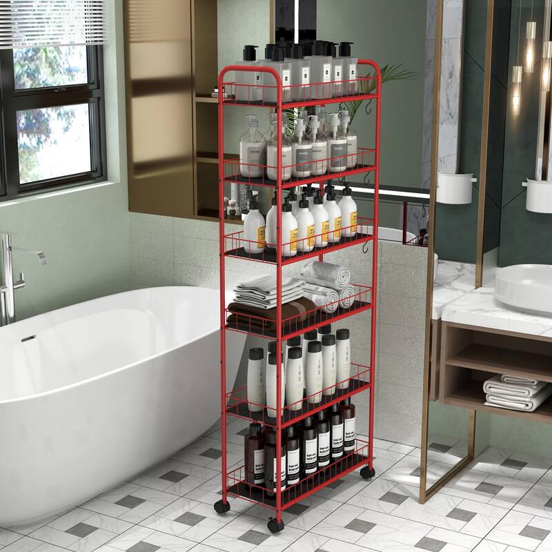 Red 6 Tier Slim Rolling Storage Cart, Mobile Shelving Unit with Wheels, Metal Wire Storage Shelving Rack with Baskets