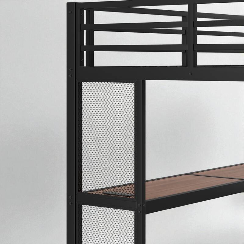 Full/Queen Size Metal Loft Bed with Desk, Storage Stairs, LED Lights, USB Ports and Pegboard, No Box Spring Needed