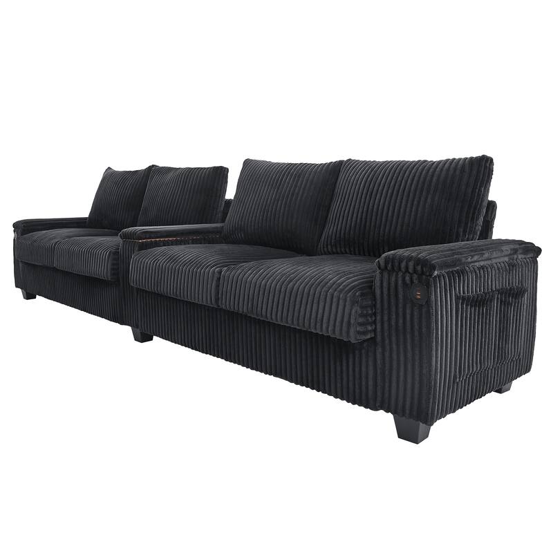133-In Corduroy Sectional Sofa with USB Ports, Hidden Storage Arms, Flip-Top Cup Holders