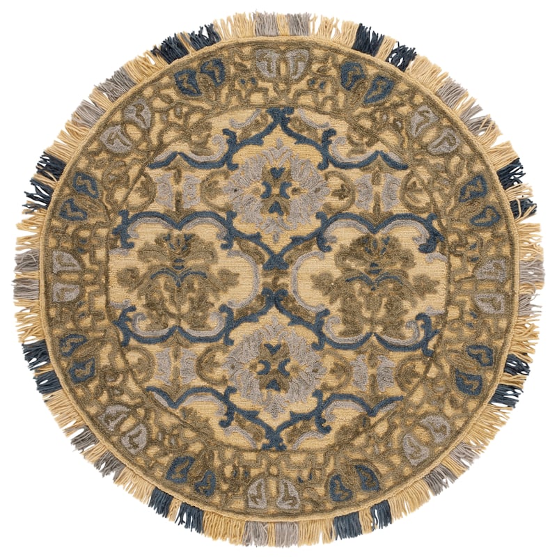 SAFAVIEH Handmade Blossom Parthenia Floral Wool Rug - 6' Round - Gold/Blue - Round