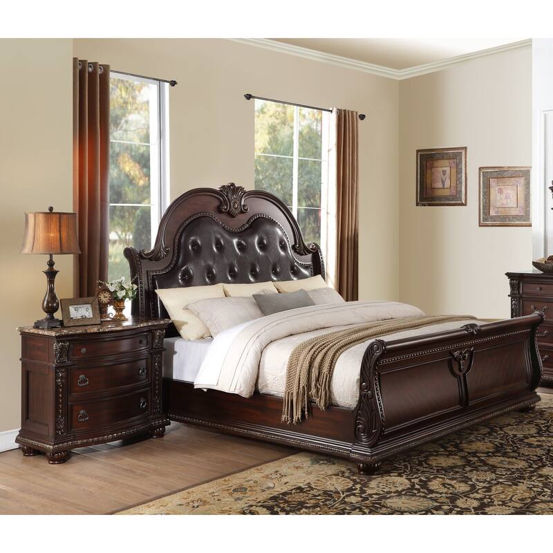 Traditional Bedroom Furniture 3pc Bed and Two Nightstands Set Dark Cherry Finish