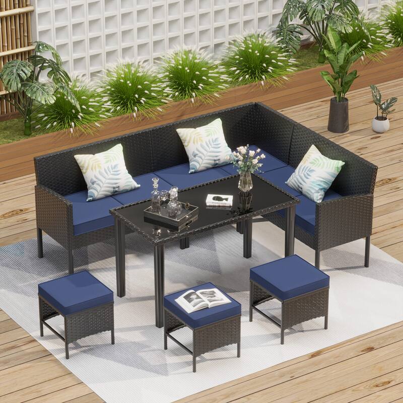 Small space patio furniture 7-piece outdoor furniture set, backyard furniture set, waterproof seat cushion, glass table - Blue