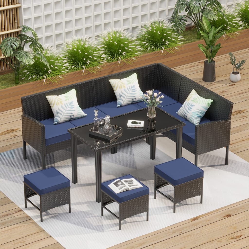 Small space patio furniture 7-piece outdoor furniture set, backyard furniture set, waterproof seat cushion, glass table