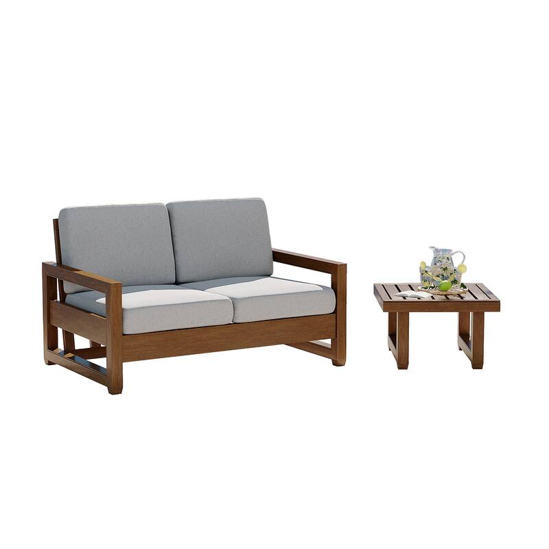 Teak Loveseat Patio Set with Cushions and Table (2-Piece)